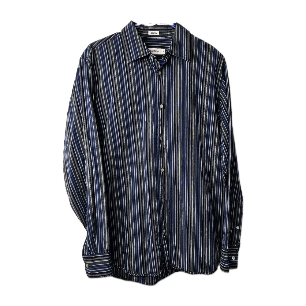 Calvin Klein Mens Medium Blue Gray Stripe Button Up Long Sleeve 100% Cotton